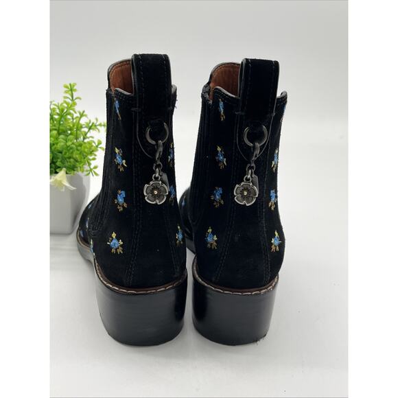Coach Bowery Black Suede Floral Embroidery Chelsea Ankle Boots Booties 2” Sz 6 - Picture 8 of 16